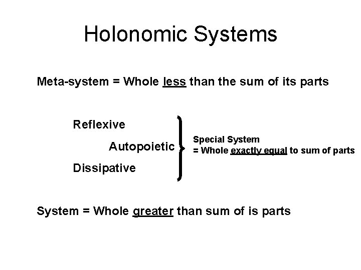 Holonomic Systems Meta-system = Whole less than the sum of its parts Reflexive Autopoietic