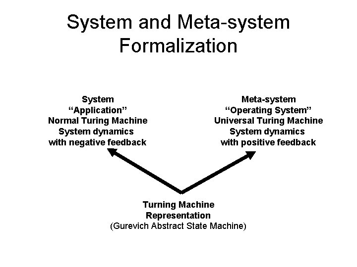 System and Meta-system Formalization System “Application” Normal Turing Machine System dynamics with negative feedback