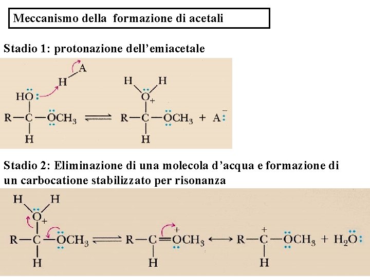 Meccanismo della formazione di acetali Stadio 1: protonazione dell’emiacetale Stadio 2: Eliminazione di una