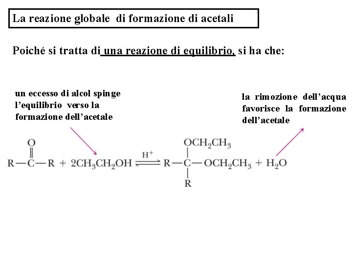 La reazione globale di formazione di acetali Poiché si tratta di una reazione di