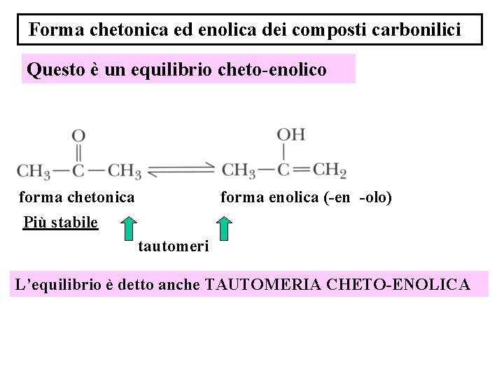 Forma chetonica ed enolica dei composti carbonilici Questo è un equilibrio cheto-enolico forma chetonica