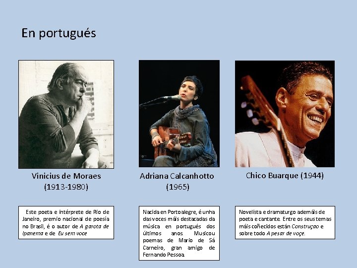 En portugués Vinicius de Moraes (1913 -1980) Adriana Calcanhotto (1965) Chico Buarque (1944) Este