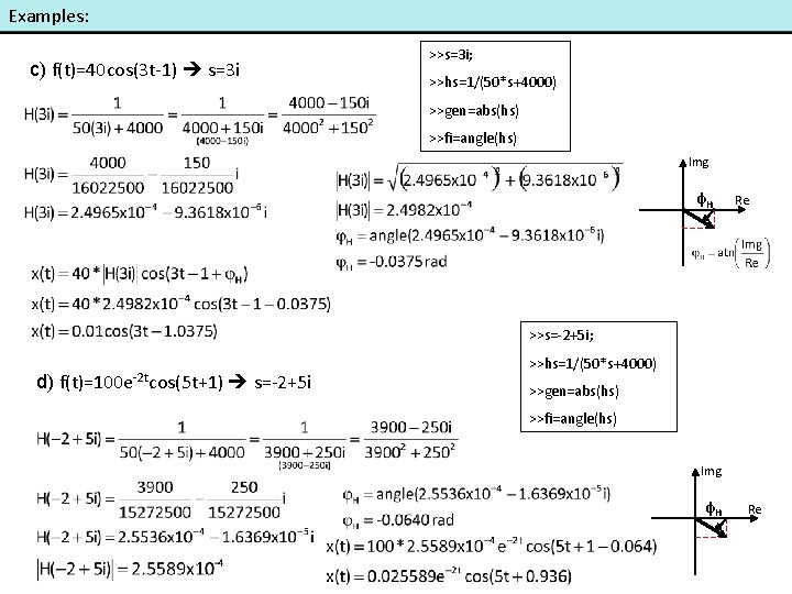 Examples: c) f(t)=40 cos(3 t-1) s=3 i >>s=3 i; >>hs=1/(50*s+4000) >>gen=abs(hs) >>fi=angle(hs) Img φH