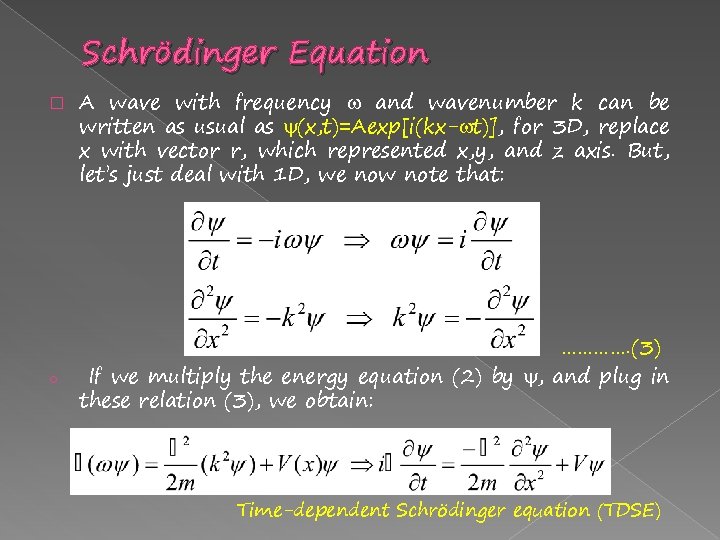 Schrödinger Equation � o A wave with frequency and wavenumber k can be written