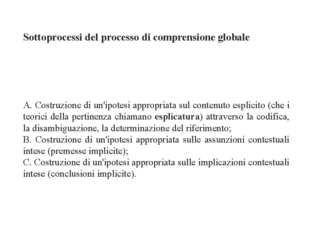 Sottoprocessi del processo di comprensione globale A. Costruzione di un'ipotesi appropriata sul contenuto esplicito