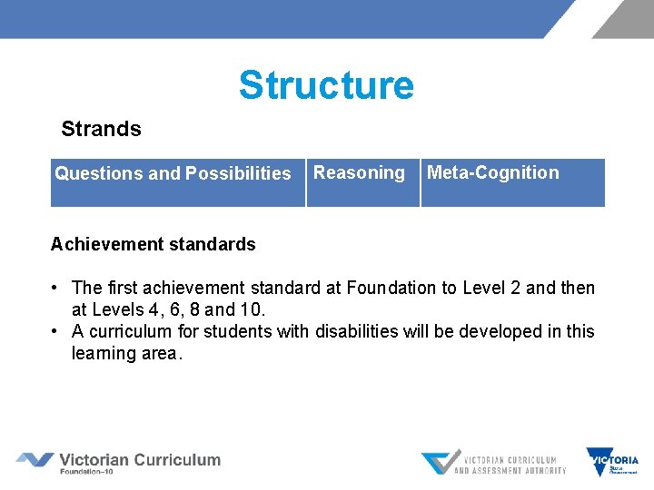 Structure Strands Questions and Possibilities Reasoning Meta-Cognition Achievement standards • The first achievement standard