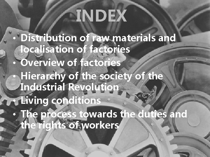 INDEX • Distribution of raw materials and localisation of factories • Overview of factories