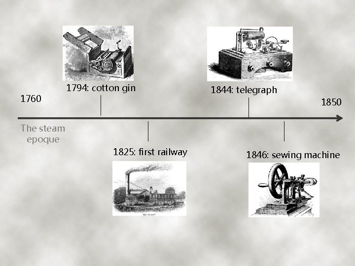 1760 1794: cotton gin 1844: telegraph 1850 The steam epoque 1825: first railway 1846: