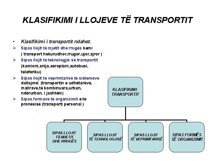 KLASIFIKIMI I LLOJEVE TË TRANSPORTIT • Klasifikimi i transportit ndahet. Ø Sipas llojit të