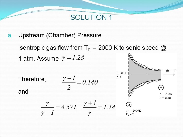 SOLUTION 1 a. Upstream (Chamber) Pressure Isentropic gas flow from T 0 = 2000 SOLUTION 1 a. Upstream (Chamber) Pressure Isentropic gas flow from T 0 = 2000