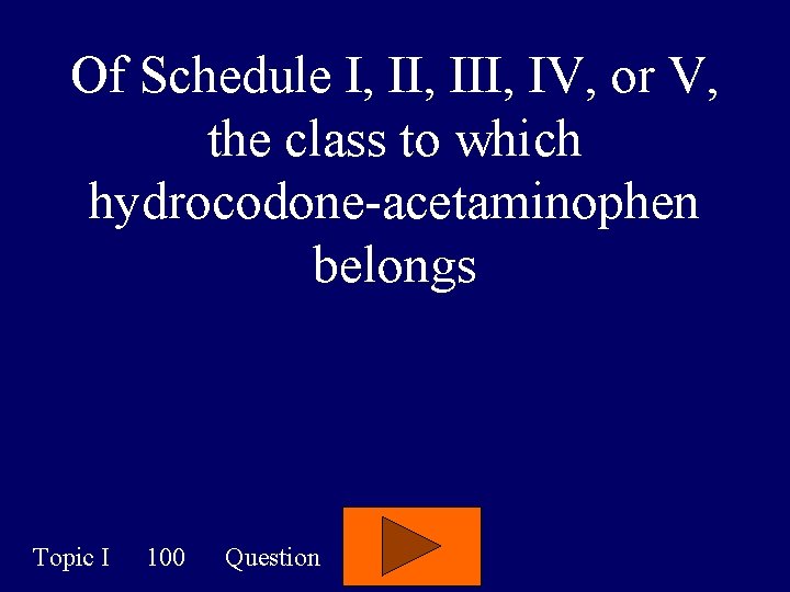 Of Schedule I, III, IV, or V, the class to which hydrocodone-acetaminophen belongs Topic
