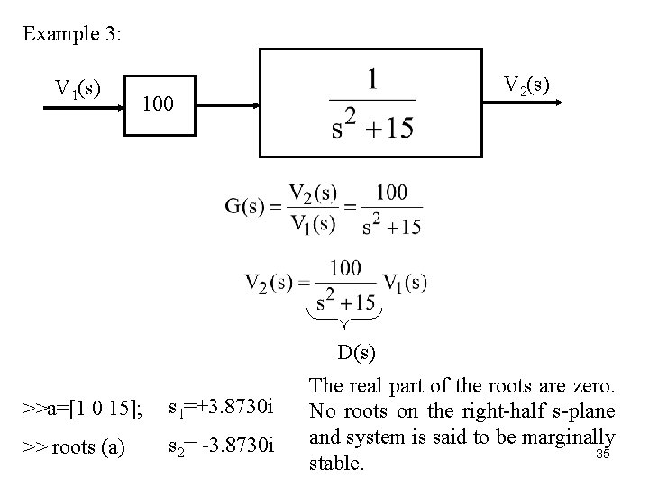 Example 3: V 1(s) V 2(s) 100 D(s) >>a=[1 0 15]; s 1=+3. 8730