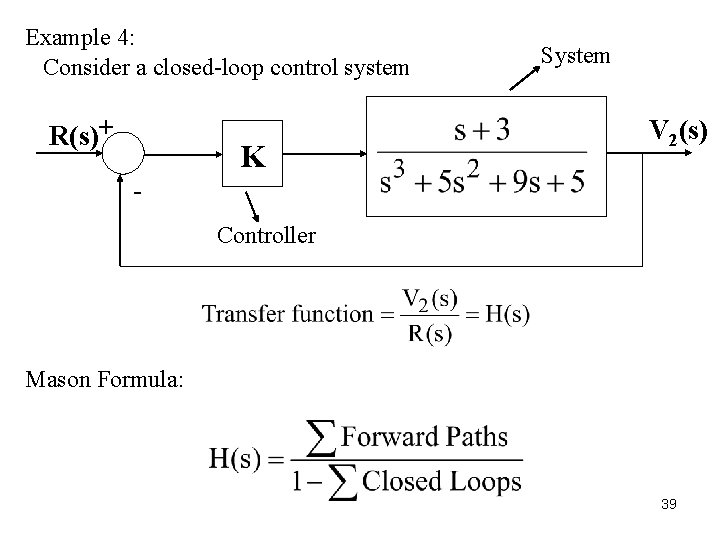 Example 4: Consider a closed-loop control system R(s)+ K System V 2(s) Controller Mason Example 4: Consider a closed-loop control system R(s)+ K System V 2(s) Controller Mason