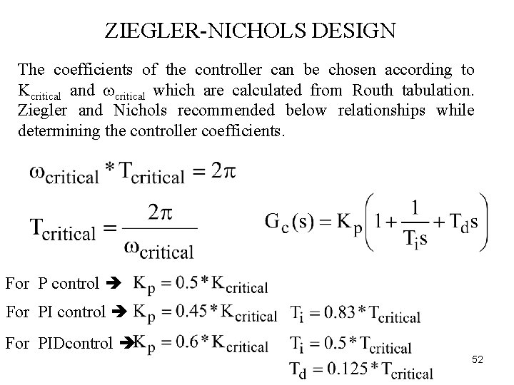 ZIEGLER-NICHOLS DESIGN The coefficients of the controller can be chosen according to Kcritical and ZIEGLER-NICHOLS DESIGN The coefficients of the controller can be chosen according to Kcritical and