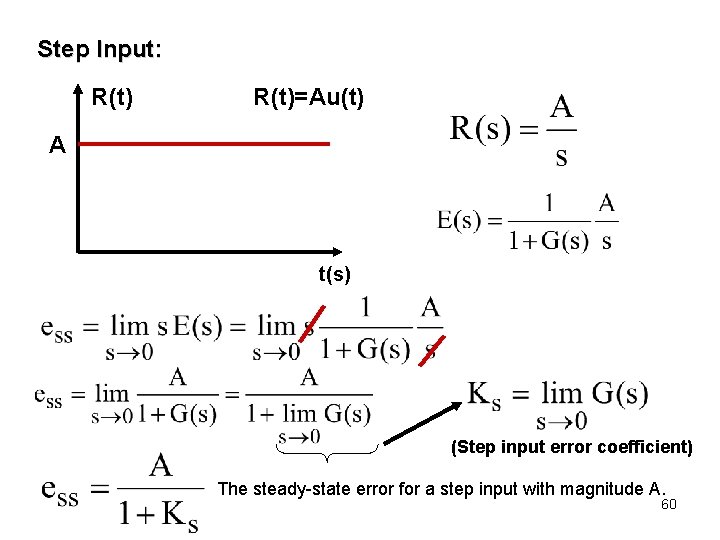 Step Input: R(t)=Au(t) A t(s) (Step input error coefficient) The steady-state error for a Step Input: R(t)=Au(t) A t(s) (Step input error coefficient) The steady-state error for a