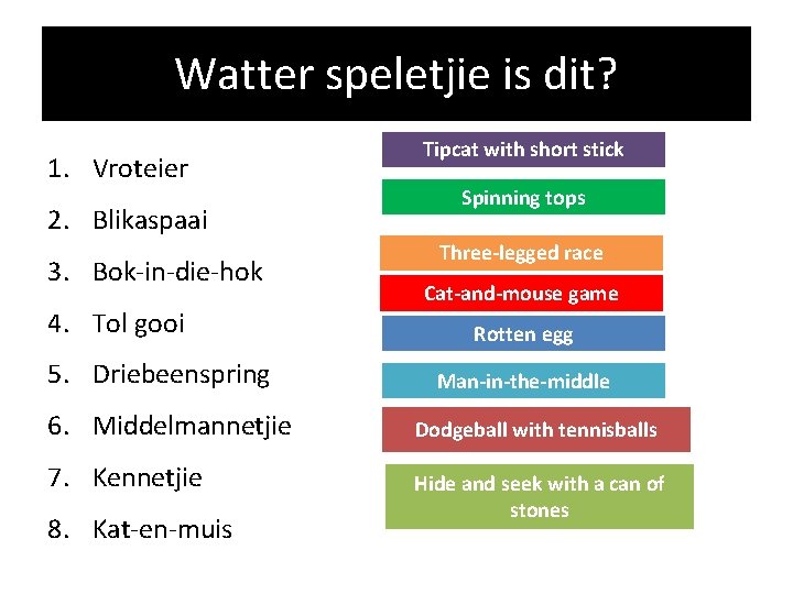 Watter speletjie is dit? 1. Vroteier 2. Blikaspaai 3. Bok-in-die-hok 4. Tol gooi 5. Watter speletjie is dit? 1. Vroteier 2. Blikaspaai 3. Bok-in-die-hok 4. Tol gooi 5.
