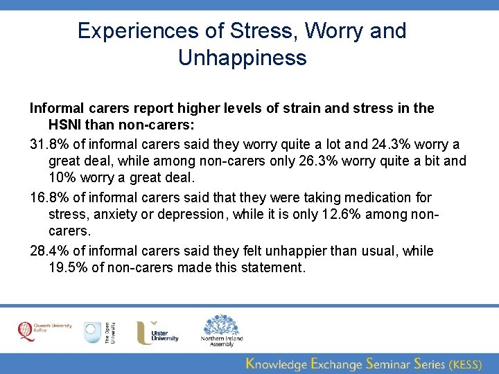 Experiences of Stress, Worry and Unhappiness Informal carers report higher levels of strain and