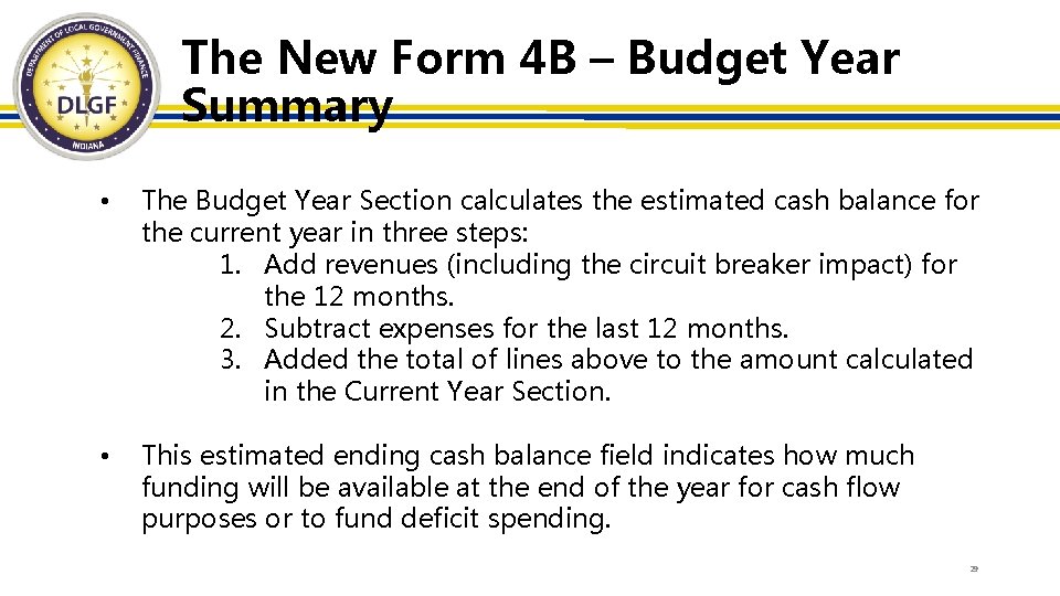 The New Form 4 B – Budget Year Summary • The Budget Year Section