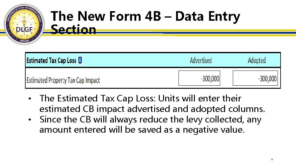 The New Form 4 B – Data Entry Section • The Estimated Tax Cap