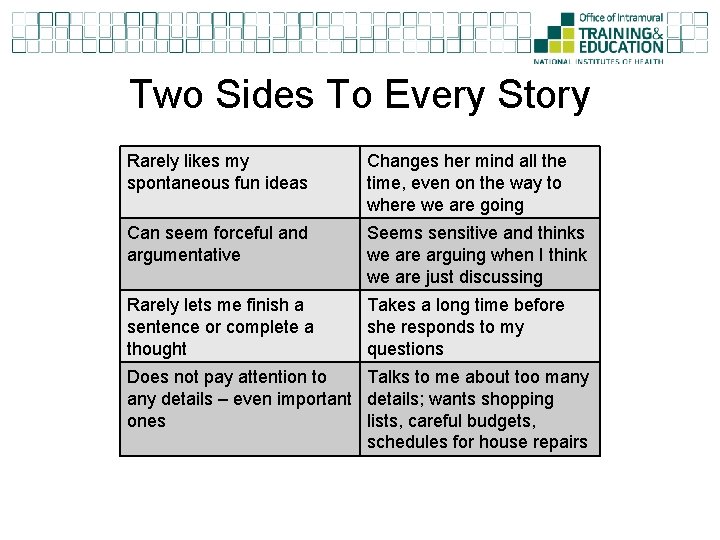 Two Sides To Every Story Rarely likes my spontaneous fun ideas Changes her mind
