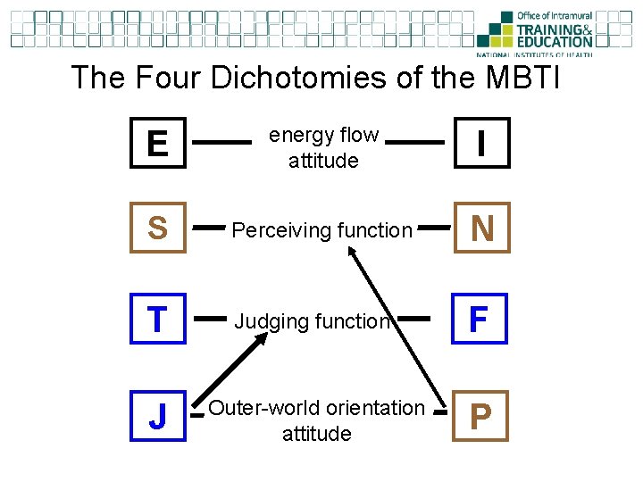 The Four Dichotomies of the MBTI E energy flow attitude I S Perceiving function
