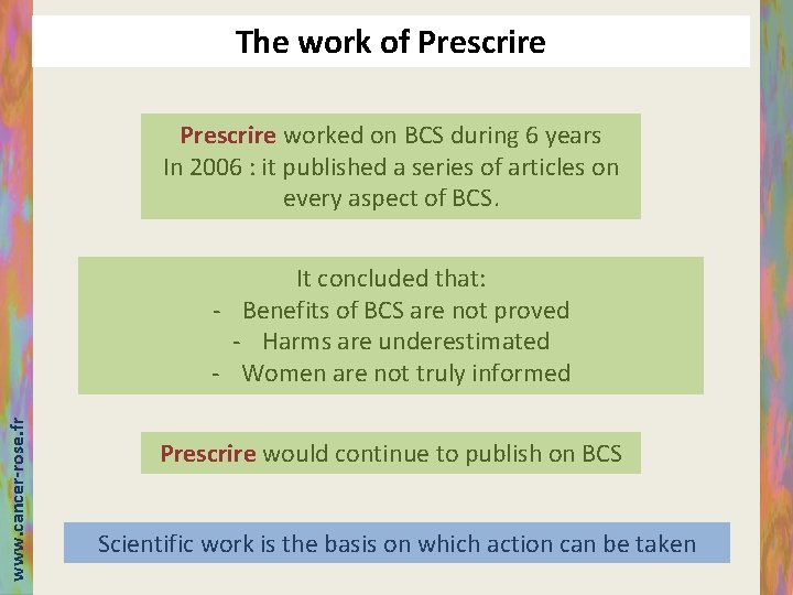 The work of Prescrire worked on BCS during 6 years In 2006 : it