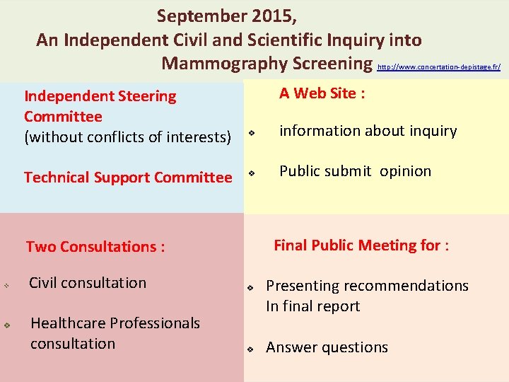  September 2015, Concertation citoyenne française An Independent Civil and Scientific Inquiry into Mammography