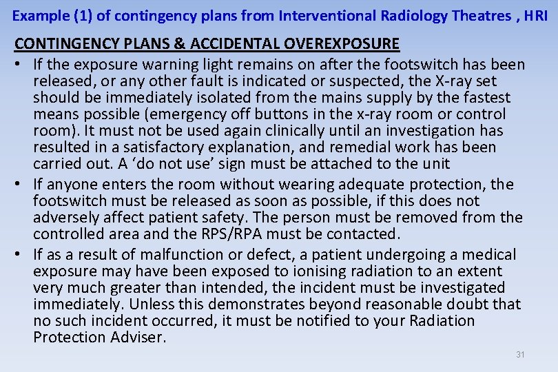 Example (1) of contingency plans from Interventional Radiology Theatres , HRI CONTINGENCY PLANS &