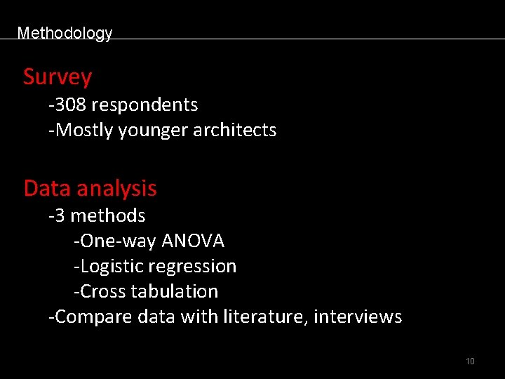 Methodology Survey -308 respondents -Mostly younger architects Data analysis -3 methods -One-way ANOVA -Logistic