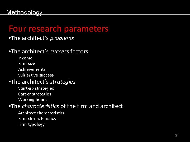 Methodology Four research parameters • The architect’s problems • The architect’s success factors Income