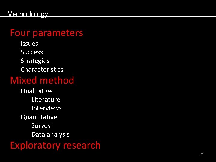 Methodology Four parameters Issues Success Strategies Characteristics Mixed method Qualitative Literature Interviews Quantitative Survey