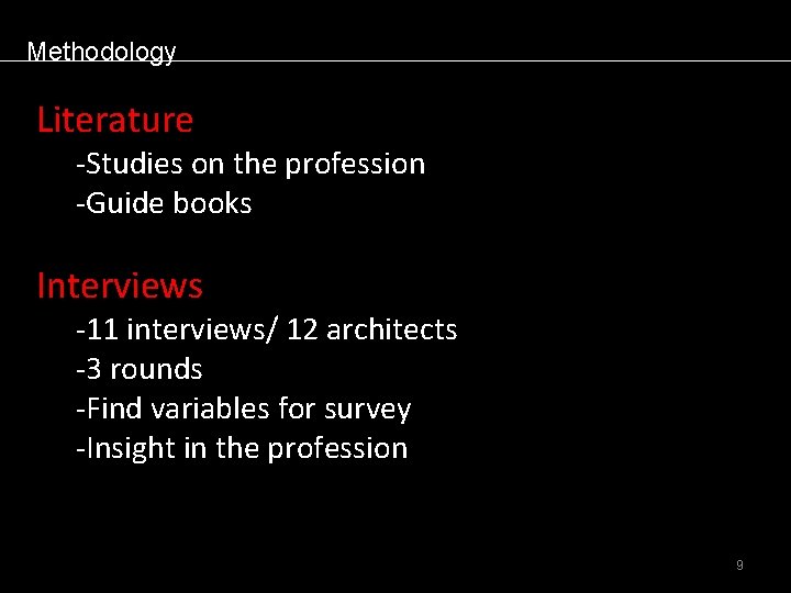 Methodology Literature -Studies on the profession -Guide books Interviews -11 interviews/ 12 architects -3