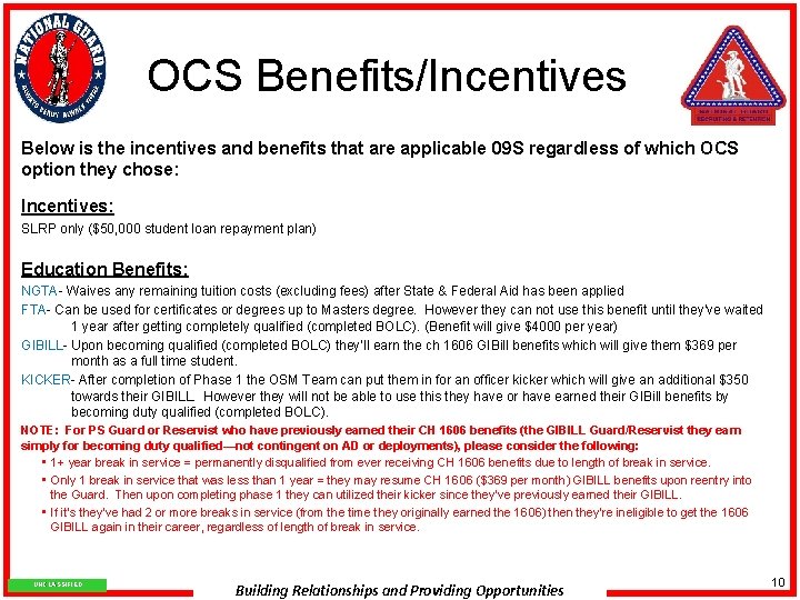 OCS Benefits/Incentives Below is the incentives and benefits that are applicable 09 S regardless