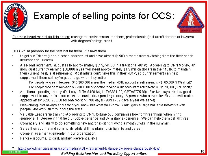 Example of selling points for OCS: Example target market for this option: managers, businessman,