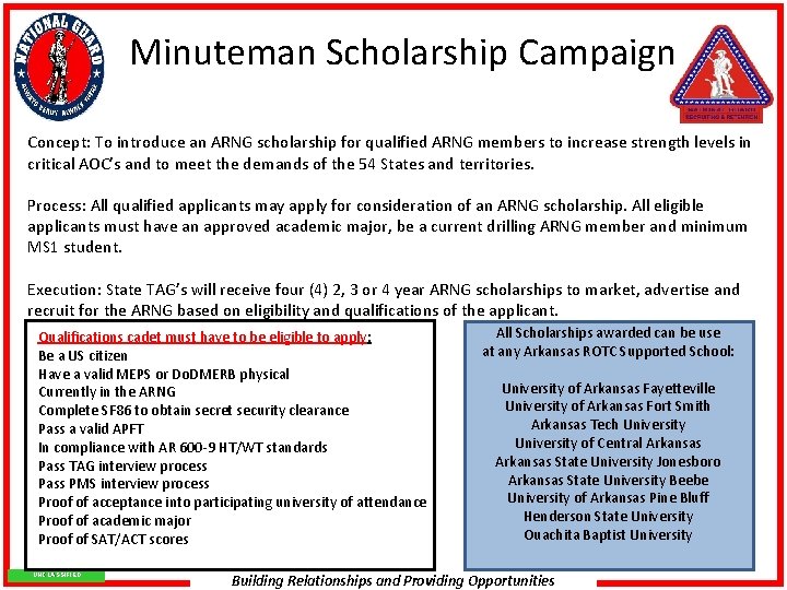 Minuteman Scholarship Campaign Concept: To introduce an ARNG scholarship for qualified ARNG members to