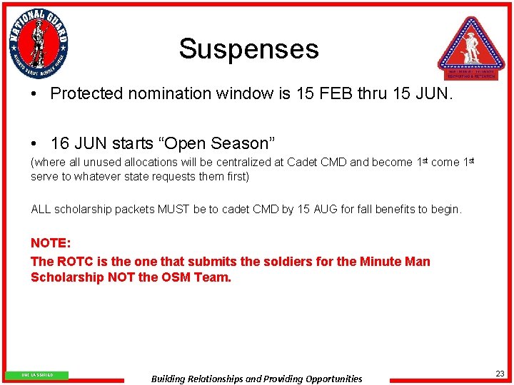 Suspenses • Protected nomination window is 15 FEB thru 15 JUN. • 16 JUN