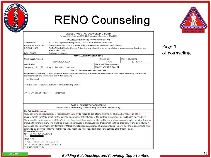 RENO Counseling Page 1 of counseling UNCLASSIFIED Building Relationships and Providing Opportunities 45 