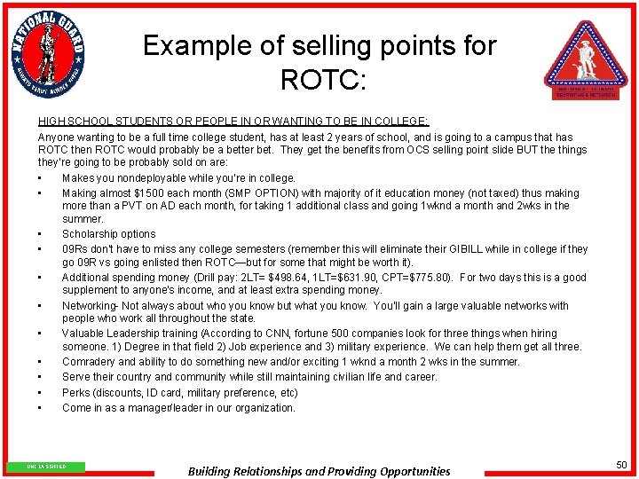 Example of selling points for ROTC: HIGH SCHOOL STUDENTS OR PEOPLE IN OR WANTING