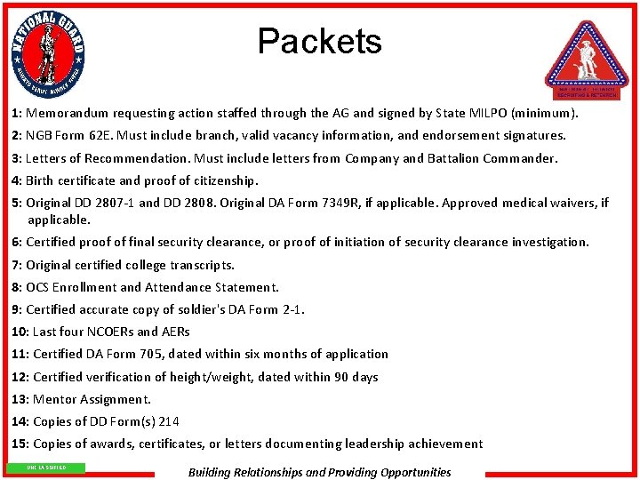 Packets 1: Memorandum requesting action staffed through the AG and signed by State MILPO