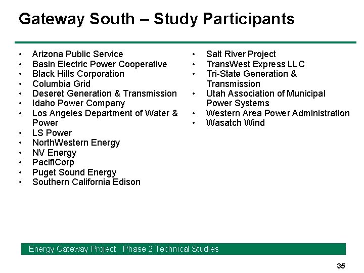 Gateway South – Study Participants • • • • Arizona Public Service Basin Electric