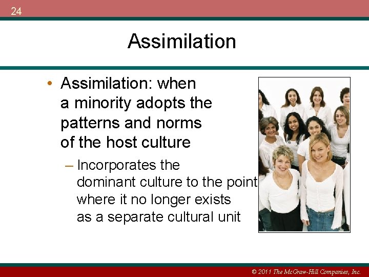24 Assimilation • Assimilation: when a minority adopts the patterns and norms of the