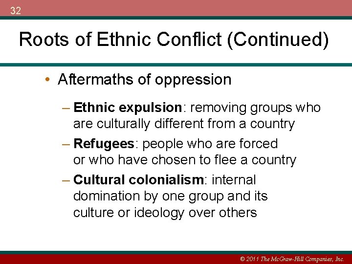 32 Roots of Ethnic Conflict (Continued) • Aftermaths of oppression – Ethnic expulsion: removing