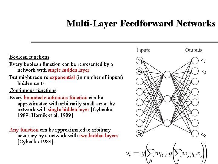 Multi-Layer Feedforward Networks Boolean functions: Every boolean function can be represented by a network