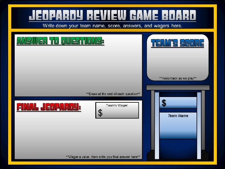 Jeopardy Review Game Board Write down your team name, score, answers, and wagers here.