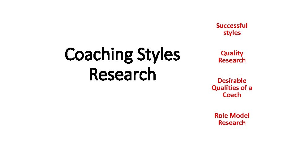 Successful styles Coaching Styles Research Quality Research Desirable Qualities of a Coach Role Model