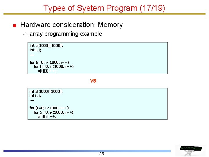 Types of System Program (17/19) Hardware consideration: Memory ü array programming example int a[1000];