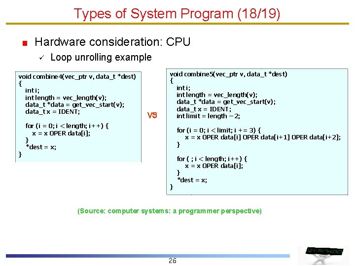 Types of System Program (18/19) Hardware consideration: CPU ü Loop unrolling example void combine
