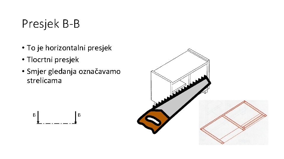 Presjek B-B • To je horizontalni presjek • Tlocrtni presjek • Smjer gledanja označavamo