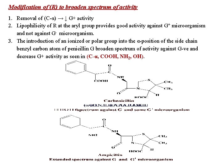 Modification of (R) to broaden spectrum of activity 1. Removal of (C-α) → ↓