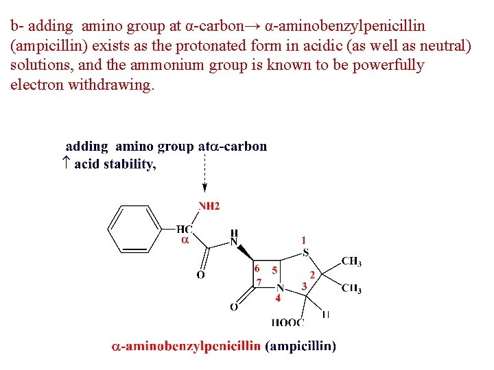 b- adding amino group at α-carbon→ α-aminobenzylpenicillin (ampicillin) exists as the protonated form in